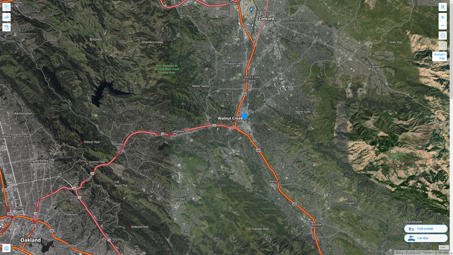 Walnut Creek California Highway and Road Map with Satellite View